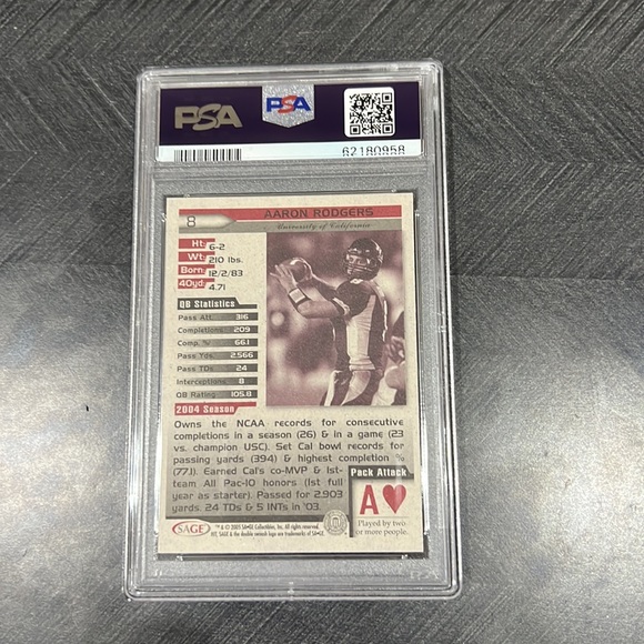 Aaron Rodgers 2005 SA-GE Hit #8 GRADED PSA GEM MINT 10 ROOKIE RC PACKERS - Picture 2 of 6